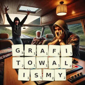 Kreatywna ilustracja do gry w Scrabble ze słowem GRAFITOWALISMY ułożonym z płytek na planszy.