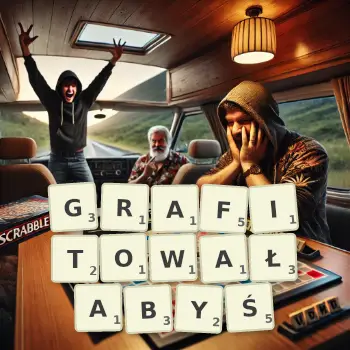Kreatywna ilustracja do gry w Scrabble ze słowem GRAFITOWAŁABYŚ ułożonym z płytek na planszy.