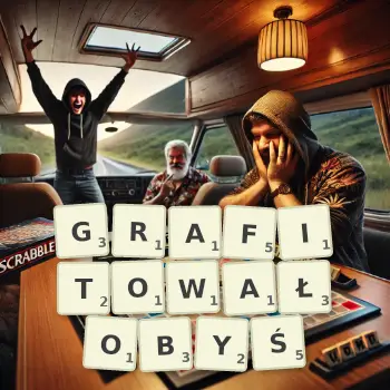 Kreatywna ilustracja do gry w Scrabble ze słowem GRAFITOWAŁOBYŚ ułożonym z płytek na planszy.