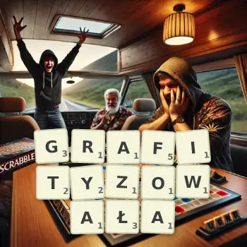 Kreatywna ilustracja do gry w Scrabble ze słowem GRAFITYZOWAŁA ułożonym z płytek na planszy.