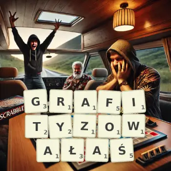 Kreatywna ilustracja do gry w Scrabble ze słowem GRAFITYZOWAŁAŚ ułożonym z płytek na planszy.