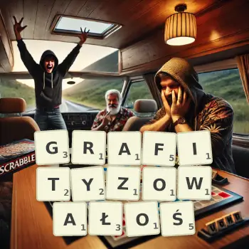 Kreatywna ilustracja do gry w Scrabble ze słowem GRAFITYZOWAŁOŚ ułożonym z płytek na planszy.