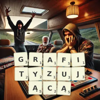Kreatywna ilustracja do gry w Scrabble ze słowem GRAFITYZUJĄCĄ ułożonym z płytek na planszy.