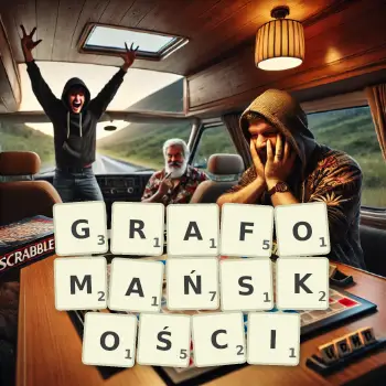 Kreatywna ilustracja do gry w Scrabble ze słowem GRAFOMAŃSKOŚCI ułożonym z płytek na planszy.