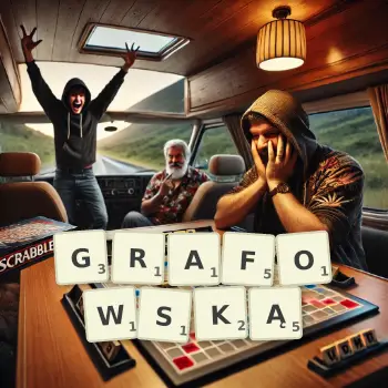 Kreatywna ilustracja do gry w Scrabble ze słowem GRAFOWSKĄ ułożonym z płytek na planszy.
