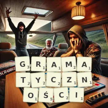 Kreatywna ilustracja do gry w Scrabble ze słowem GRAMATYCZNOŚCI ułożonym z płytek na planszy.