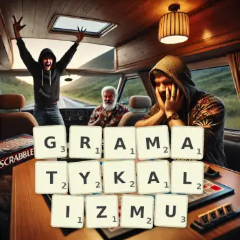 Kreatywna ilustracja do gry w Scrabble ze słowem GRAMATYKALIZMU ułożonym z płytek na planszy.