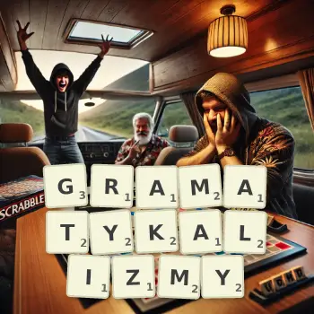 Kreatywna ilustracja do gry w Scrabble ze słowem GRAMATYKALIZMY ułożonym z płytek na planszy.