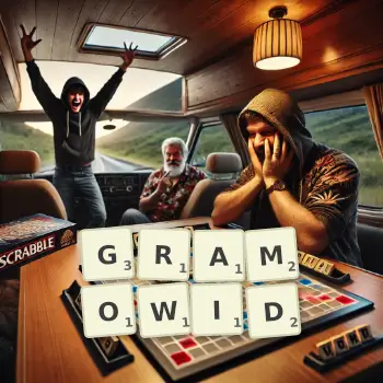 Kreatywna ilustracja do gry w Scrabble ze słowem GRAMOWID ułożonym z płytek na planszy.