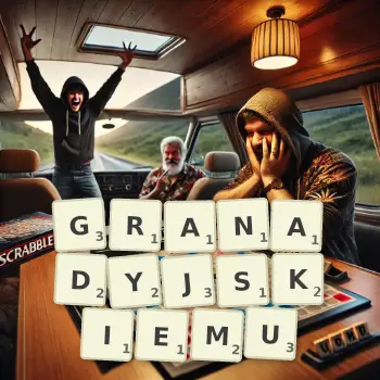 Kreatywna ilustracja do gry w Scrabble ze słowem GRANADYJSKIEMU ułożonym z płytek na planszy.