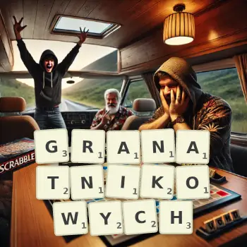 Kreatywna ilustracja do gry w Scrabble ze słowem GRANATNIKOWYCH ułożonym z płytek na planszy.