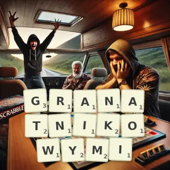 Kreatywna ilustracja do gry w Scrabble ze słowem GRANATNIKOWYMI ułożonym z płytek na planszy.