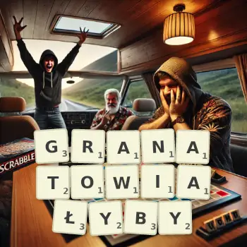 Kreatywna ilustracja do gry w Scrabble ze słowem GRANATOWIAŁYBY ułożonym z płytek na planszy.