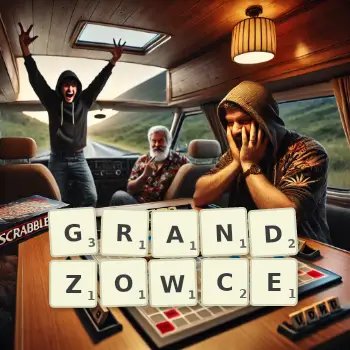 Kreatywna ilustracja do gry w Scrabble ze słowem GRANDZOWCE ułożonym z płytek na planszy.