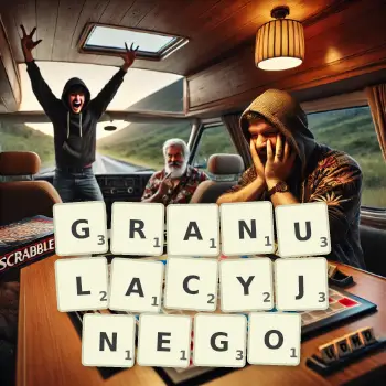 Kreatywna ilustracja do gry w Scrabble ze słowem GRANULACYJNEGO ułożonym z płytek na planszy.