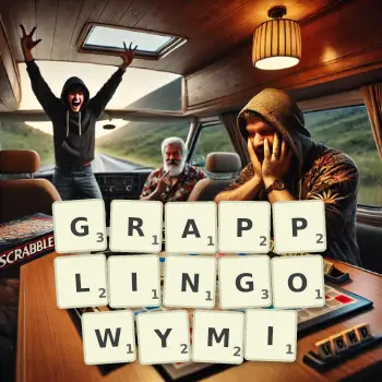 Kreatywna ilustracja do gry w Scrabble ze słowem GRAPPLINGOWYMI ułożonym z płytek na planszy.