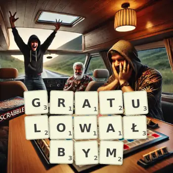Kreatywna ilustracja do gry w Scrabble ze słowem GRATULOWAŁBYM ułożonym z płytek na planszy.