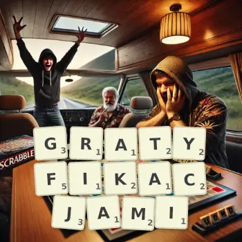 Kreatywna ilustracja do gry w Scrabble ze słowem GRATYFIKACJAMI ułożonym z płytek na planszy.