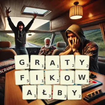 Kreatywna ilustracja do gry w Scrabble ze słowem GRATYFIKOWAŁBY ułożonym z płytek na planszy.