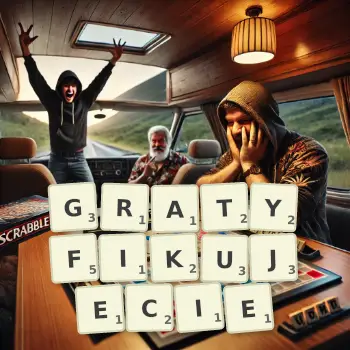 Kreatywna ilustracja do gry w Scrabble ze słowem GRATYFIKUJECIE ułożonym z płytek na planszy.