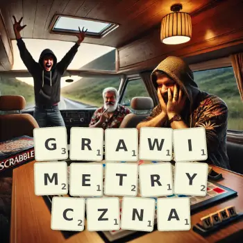 Kreatywna ilustracja do gry w Scrabble ze słowem GRAWIMETRYCZNA ułożonym z płytek na planszy.