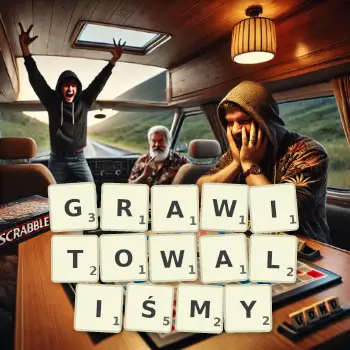 Kreatywna ilustracja do gry w Scrabble ze słowem GRAWITOWALIŚMY ułożonym z płytek na planszy.