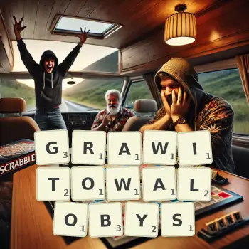 Kreatywna ilustracja do gry w Scrabble ze słowem GRAWITOWALOBYS ułożonym z płytek na planszy.