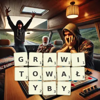 Kreatywna ilustracja do gry w Scrabble ze słowem GRAWITOWAŁYBY ułożonym z płytek na planszy.