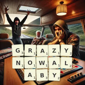 Kreatywna ilustracja do gry w Scrabble ze słowem GRAZYNOWALABY ułożonym z płytek na planszy.