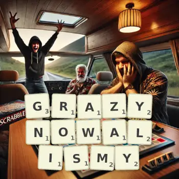 Kreatywna ilustracja do gry w Scrabble ze słowem GRAZYNOWALISMY ułożonym z płytek na planszy.