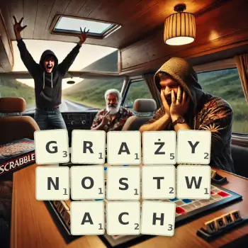 Kreatywna ilustracja do gry w Scrabble ze słowem GRAŻYNOSTWACH ułożonym z płytek na planszy.