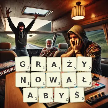 Kreatywna ilustracja do gry w Scrabble ze słowem GRAŻYNOWAŁABYŚ ułożonym z płytek na planszy.