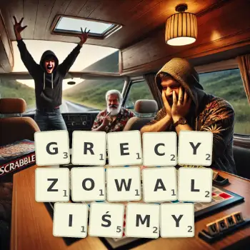 Kreatywna ilustracja do gry w Scrabble ze słowem GRECYZOWALIŚMY ułożonym z płytek na planszy.