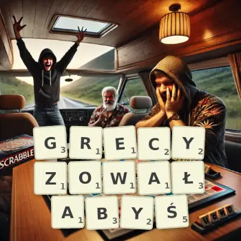 Kreatywna ilustracja do gry w Scrabble ze słowem GRECYZOWAŁABYŚ ułożonym z płytek na planszy.