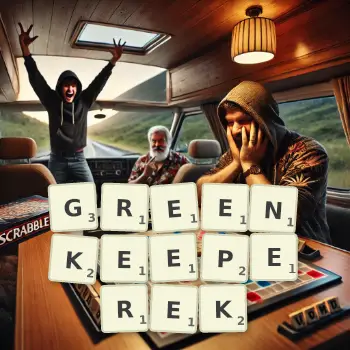Kreatywna ilustracja do gry w Scrabble ze słowem GREENKEEPEREK ułożonym z płytek na planszy.