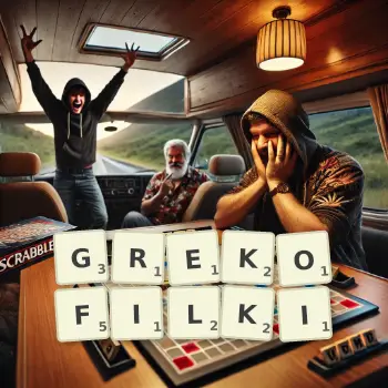 Kreatywna ilustracja do gry w Scrabble ze słowem GREKOFILKI ułożonym z płytek na planszy.
