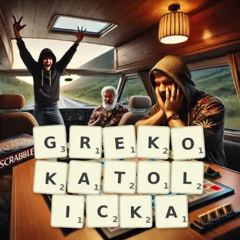Kreatywna ilustracja do gry w Scrabble ze słowem GREKOKATOLICKA ułożonym z płytek na planszy.