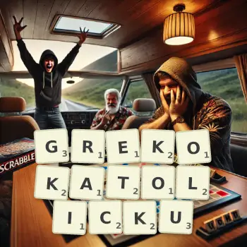 Kreatywna ilustracja do gry w Scrabble ze słowem GREKOKATOLICKU ułożonym z płytek na planszy.