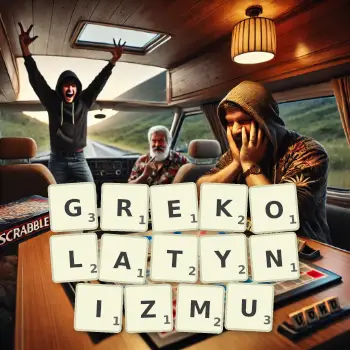 Kreatywna ilustracja do gry w Scrabble ze słowem GREKOLATYNIZMU ułożonym z płytek na planszy.