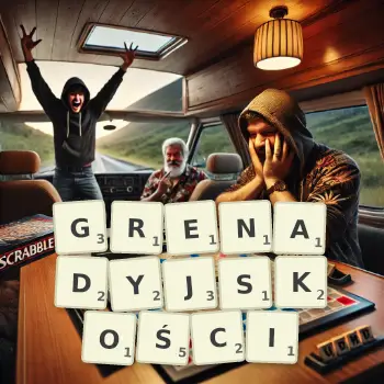 Kreatywna ilustracja do gry w Scrabble ze słowem GRENADYJSKOŚCI ułożonym z płytek na planszy.