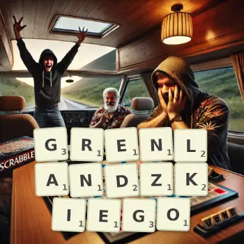 Kreatywna ilustracja do gry w Scrabble ze słowem GRENLANDZKIEGO ułożonym z płytek na planszy.