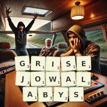 Kreatywna ilustracja do gry w Scrabble ze słowem GRISEJOWALABYS ułożonym z płytek na planszy.