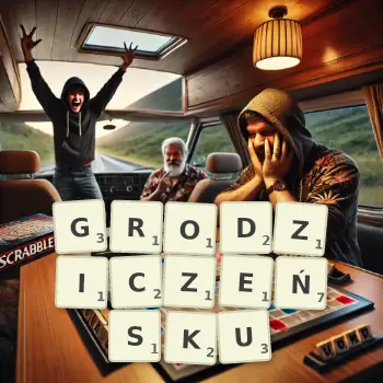 Kreatywna ilustracja do gry w Scrabble ze słowem GRODZICZEŃSKU ułożonym z płytek na planszy.