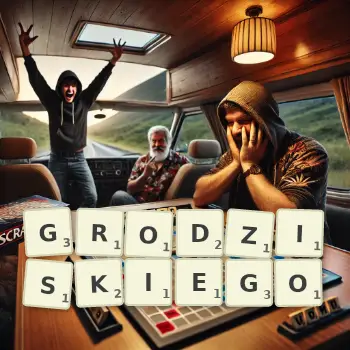 Kreatywna ilustracja do gry w Scrabble ze słowem GRODZISKIEGO ułożonym z płytek na planszy.