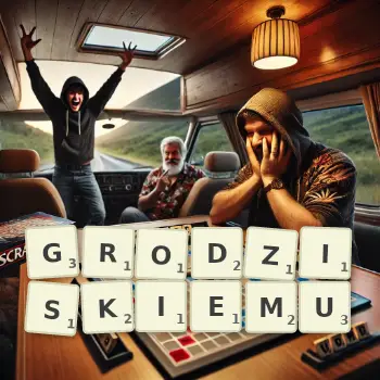 Kreatywna ilustracja do gry w Scrabble ze słowem GRODZISKIEMU ułożonym z płytek na planszy.
