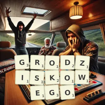 Kreatywna ilustracja do gry w Scrabble ze słowem GRODZISKOWEGO ułożonym z płytek na planszy.
