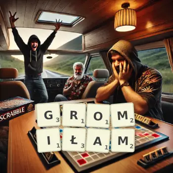 Kreatywna ilustracja do gry w Scrabble ze słowem GROMIŁAM ułożonym z płytek na planszy.