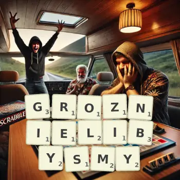 Kreatywna ilustracja do gry w Scrabble ze słowem GROZNIELIBYSMY ułożonym z płytek na planszy.