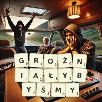 Kreatywna ilustracja do gry w Scrabble ze słowem GROŹNIAŁYBYŚMY ułożonym z płytek na planszy.