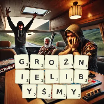 Kreatywna ilustracja do gry w Scrabble ze słowem GROŹNIELIBYŚMY ułożonym z płytek na planszy.